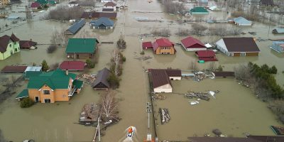 A drone view shows a flooded residential area in Petropavl, Kazakhstan April 13, 2024. REUTERS/Turar Kazangapov